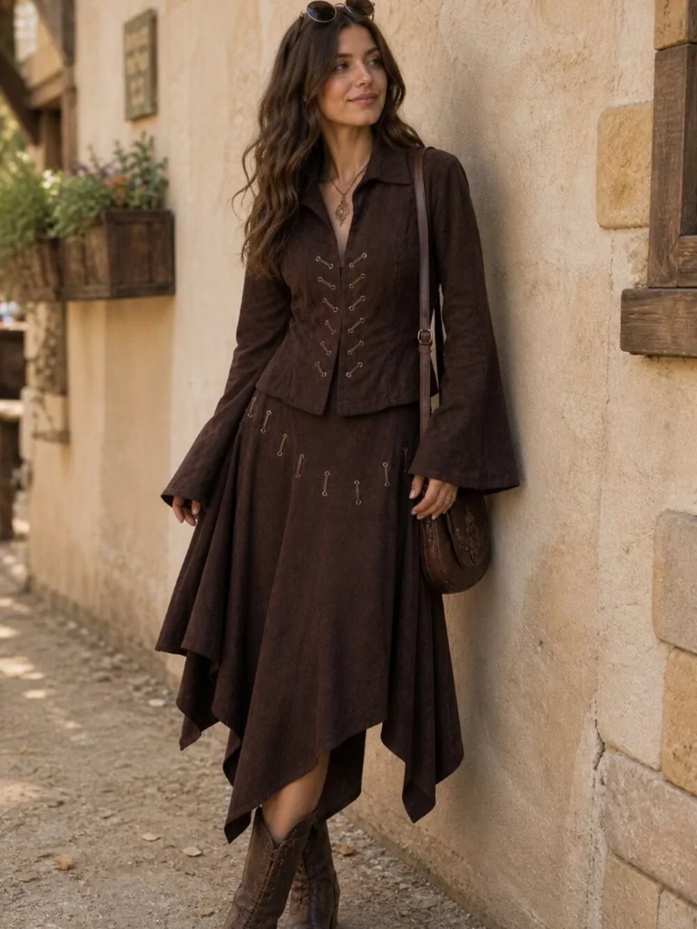 Vintage‎ Brown Faux Suede Jacket & Skirt Set Renaissance Festival Steampunk